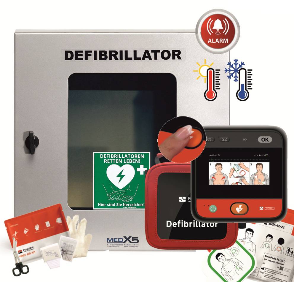 image-7258.jpg MEDX5 myPAD-M mit LCD-Bildschirm AED-Schild Außenbereich mit Sprachanweisungen, mit Heizung, inkl. Wandkasten – Bild 1